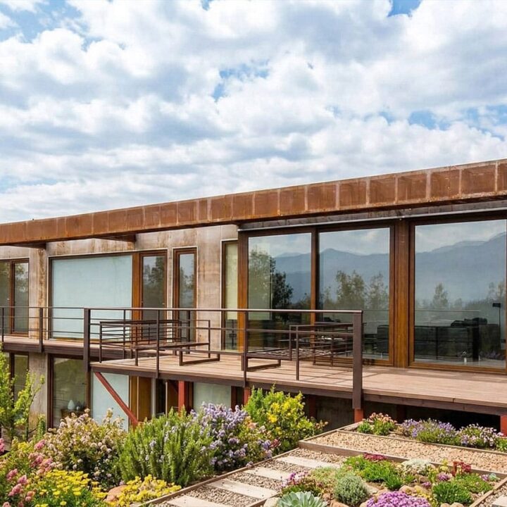 Fachada principal de casa SIP en Chicureo de Constructora Riegen con terraza de deck, ventanales panorámicos, jardín florido y cordillera al fondo bajo cielo azul